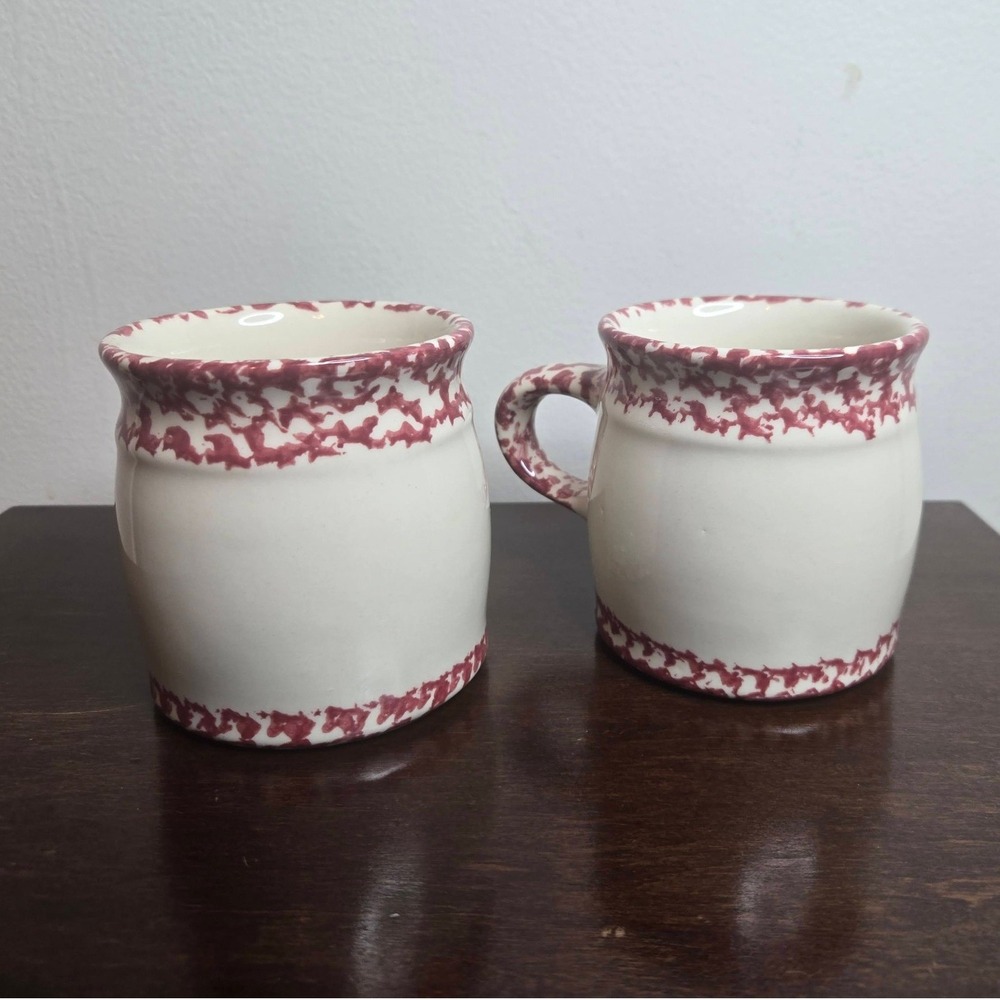 2 Vintage Roseville Friendship Pottery Spongeware Mugs 3.5" Cranberry Stoneware